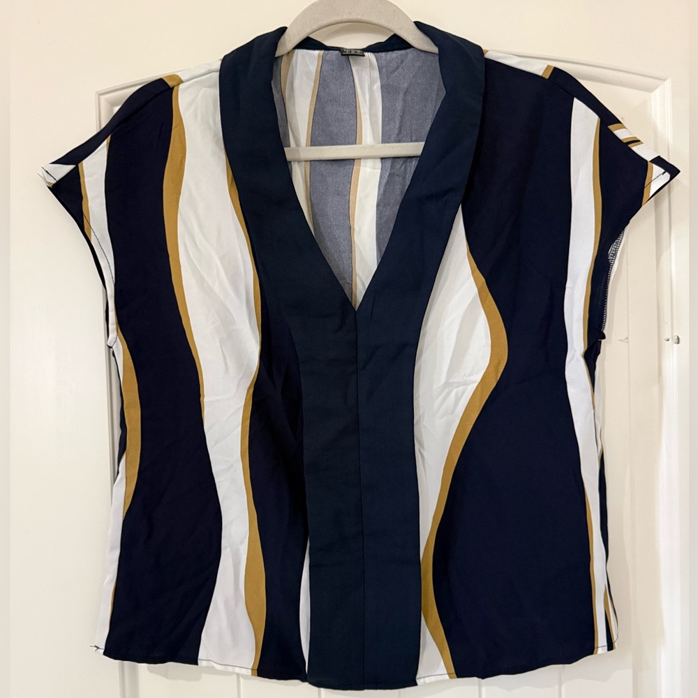 SHEIN Navy and Gold Wave Pattern Blouse